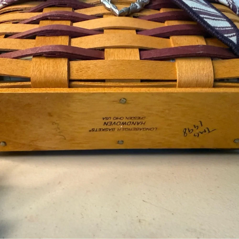 1998 Longaberger Basket with Plaid Liner Charm Ties Sweetheart Basket contents